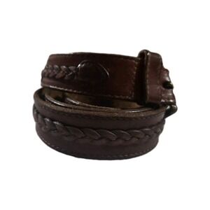 Leather Belt Brass Buckle Braid Inlay, Brown, Size 36